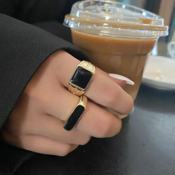 925 Sterling Silver Black Bar Ring Black Square Ring Gold Thick Ring Band - Picture 3 of 6